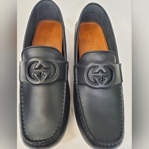 GUCCI AYRTON BLACK SOFT LEATHER INTEROCKING G DRIVER MOCCASINS SHOES SZ UK/G 10+ - Picture 9 of 10
